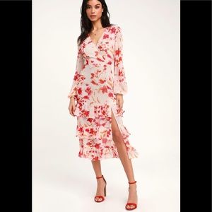 Lulus Sweet Sunday Cream Red Floral Midi Dress